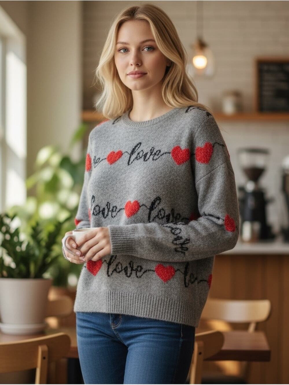 Cupcakes and Cashmere Women’s XS Gray Love and Heart Crew Sweater 🌟